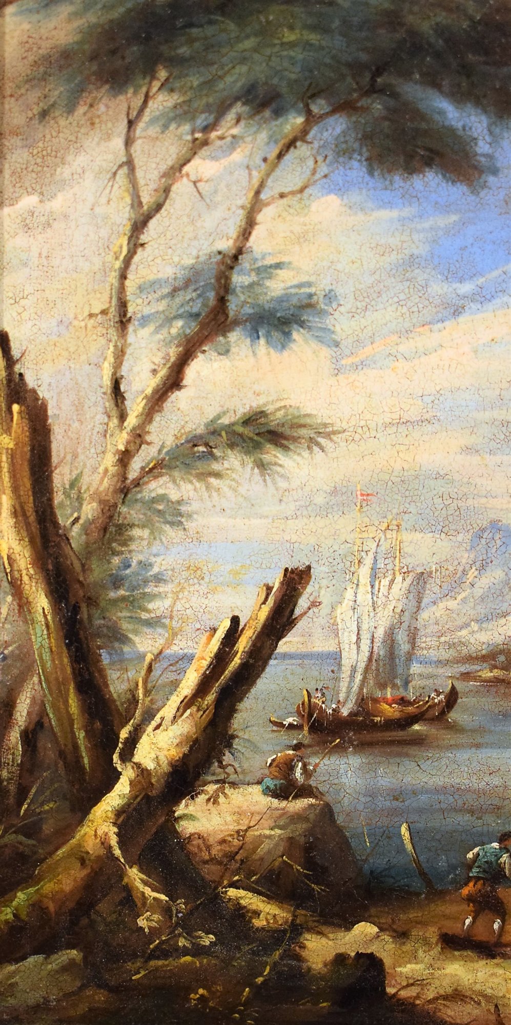 Veduta costiera con figure e imbarcazioni